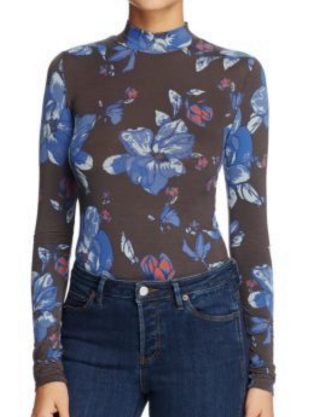 Free People Floral Mock Neck Long-Sleeve Top in Blue Sz XS button detail